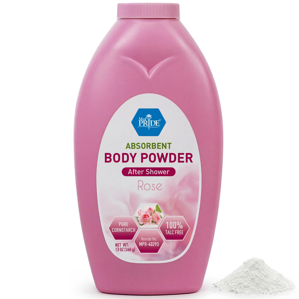MED PRIDE Rose body powder bottle shown for all-day moisture absorption and gentle fragrance.