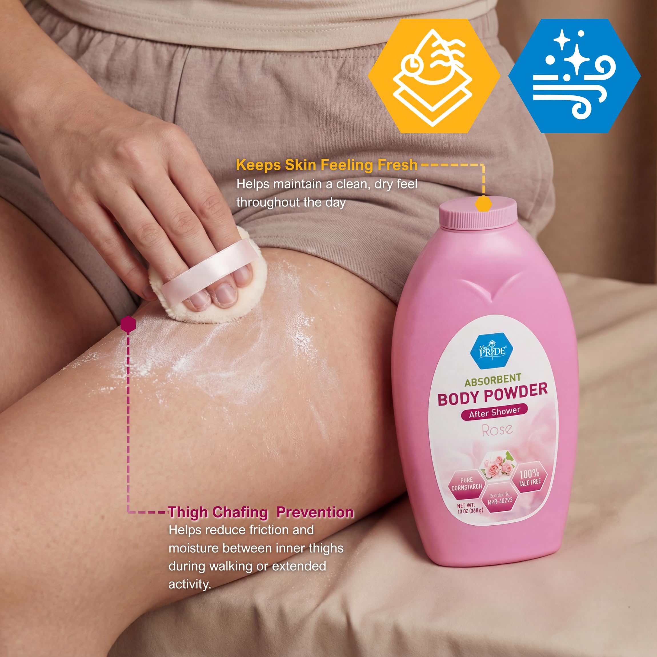 MED PRIDE Rose powder with dispensing cap demonstrates easy, mess-free application.