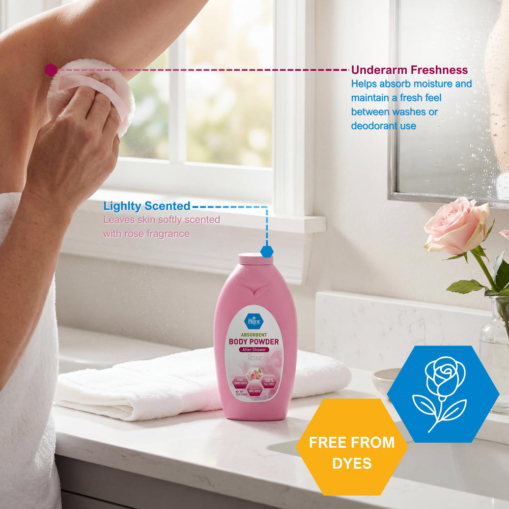 MED PRIDE Rose powder scene illustrates light cloud of powder on skin.