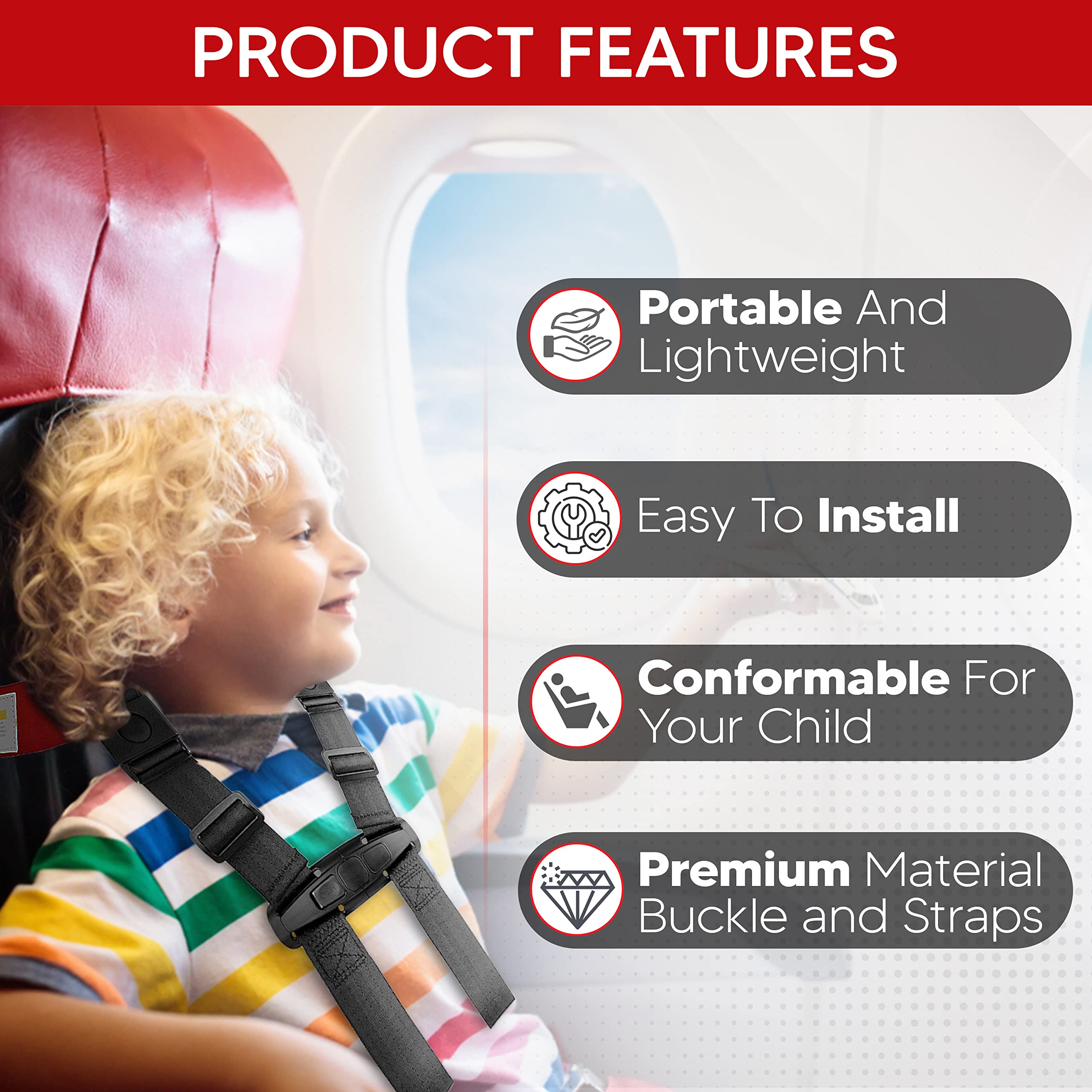 MED Supplies Is Us child airplane safety harness strap adjustments provide a secure fit for growing kids.