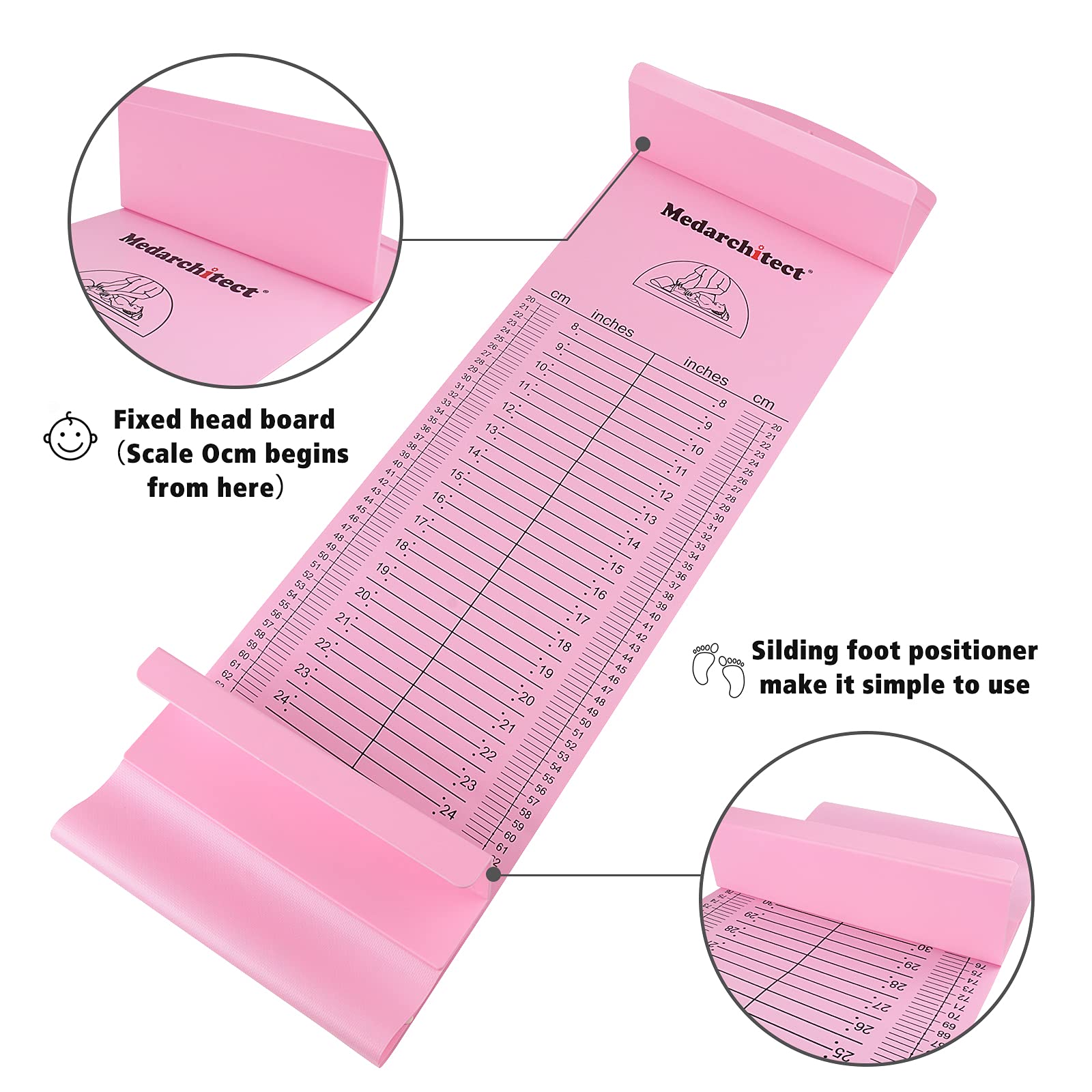 Medarchitect baby height measuring mat pink close-up scale shows dual-inch and centimeter readouts.