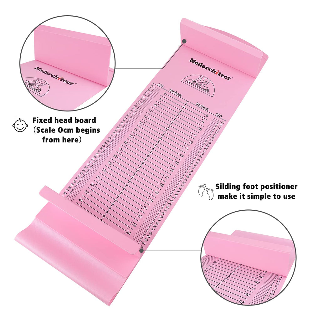 Medarchitect baby height measuring mat pink close-up scale shows dual-inch and centimeter readouts.