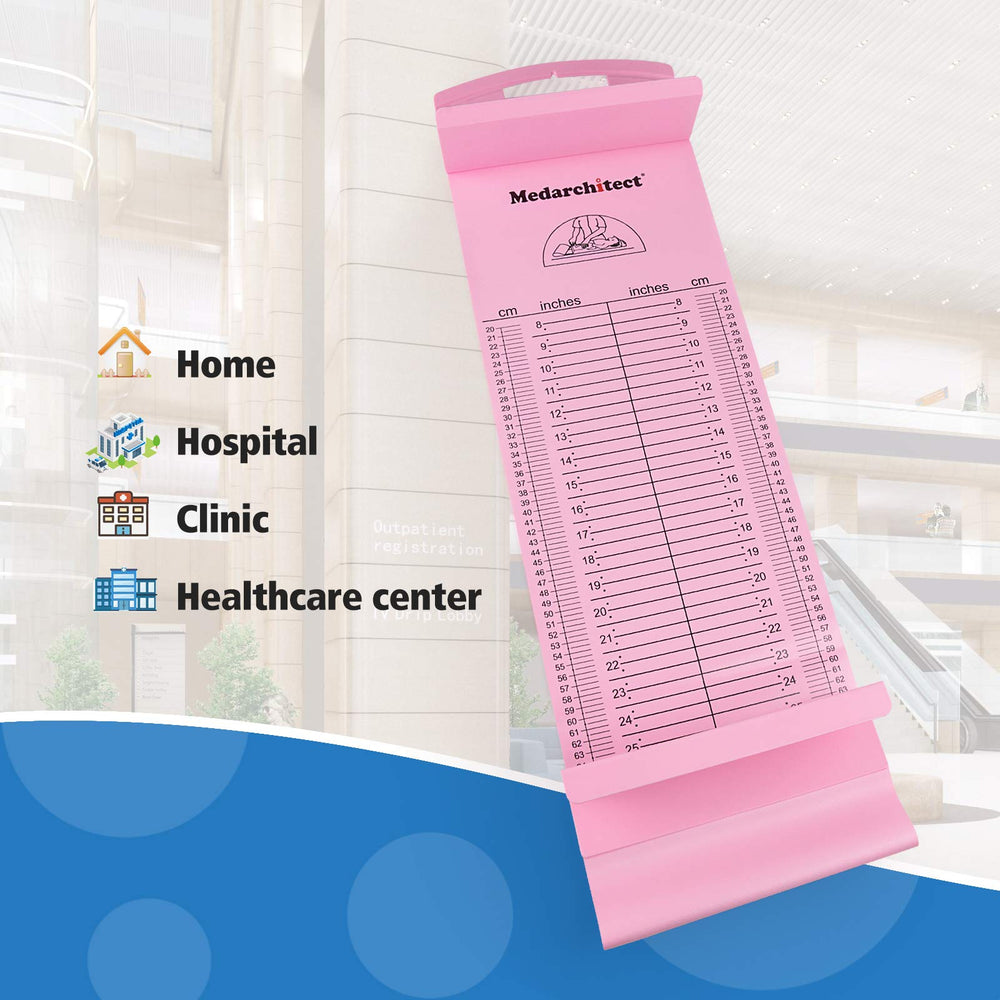Medarchitect pink baby height measuring mat washable surface easy to disinfect.