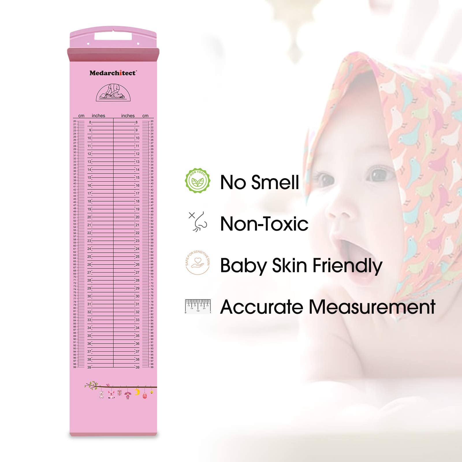 Medarchitect infantometer ruler pink scale in use with sliding foot positioner for quick toddler measurements.