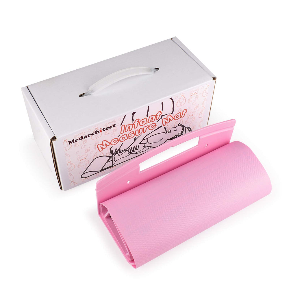 Medarchitect pink infantometer mat during house visits demonstrates convenient growth checks.