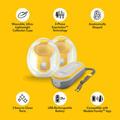 Medela Family app connectivity highlights feeding tracking on mobile device.