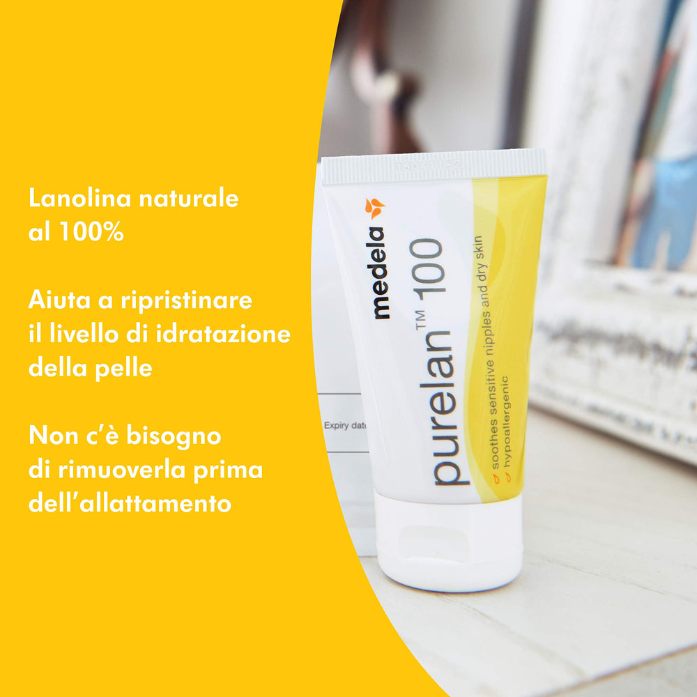 Medela Purelan 100 nipple cream close-up of easy-to-use single-dose sachet for on-the-go care.