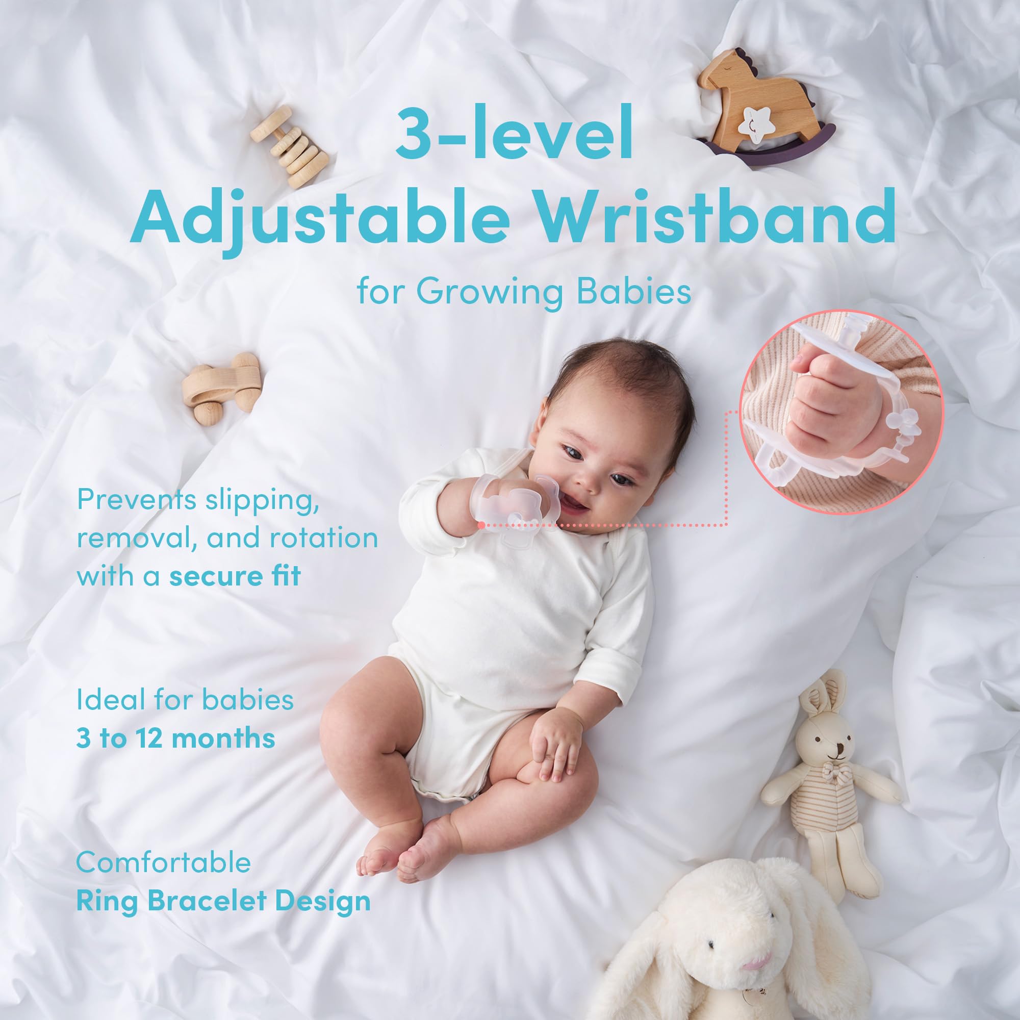 MEDITOY adjustable wristband demonstrates 3-level fit for 3–12 months