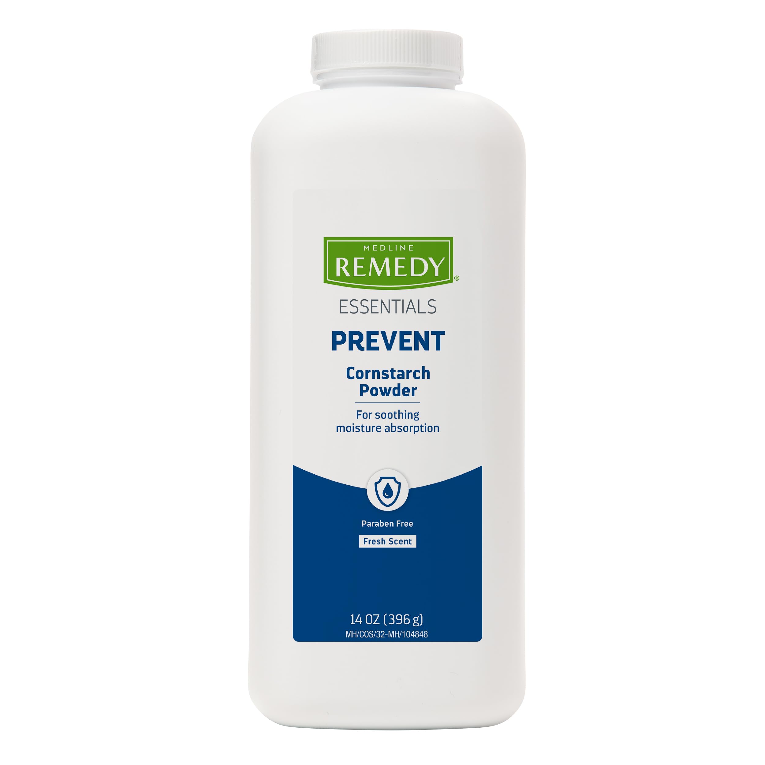 Medline Remedy Essentials Cornstarch Powder bottle for quick moisture absorption.