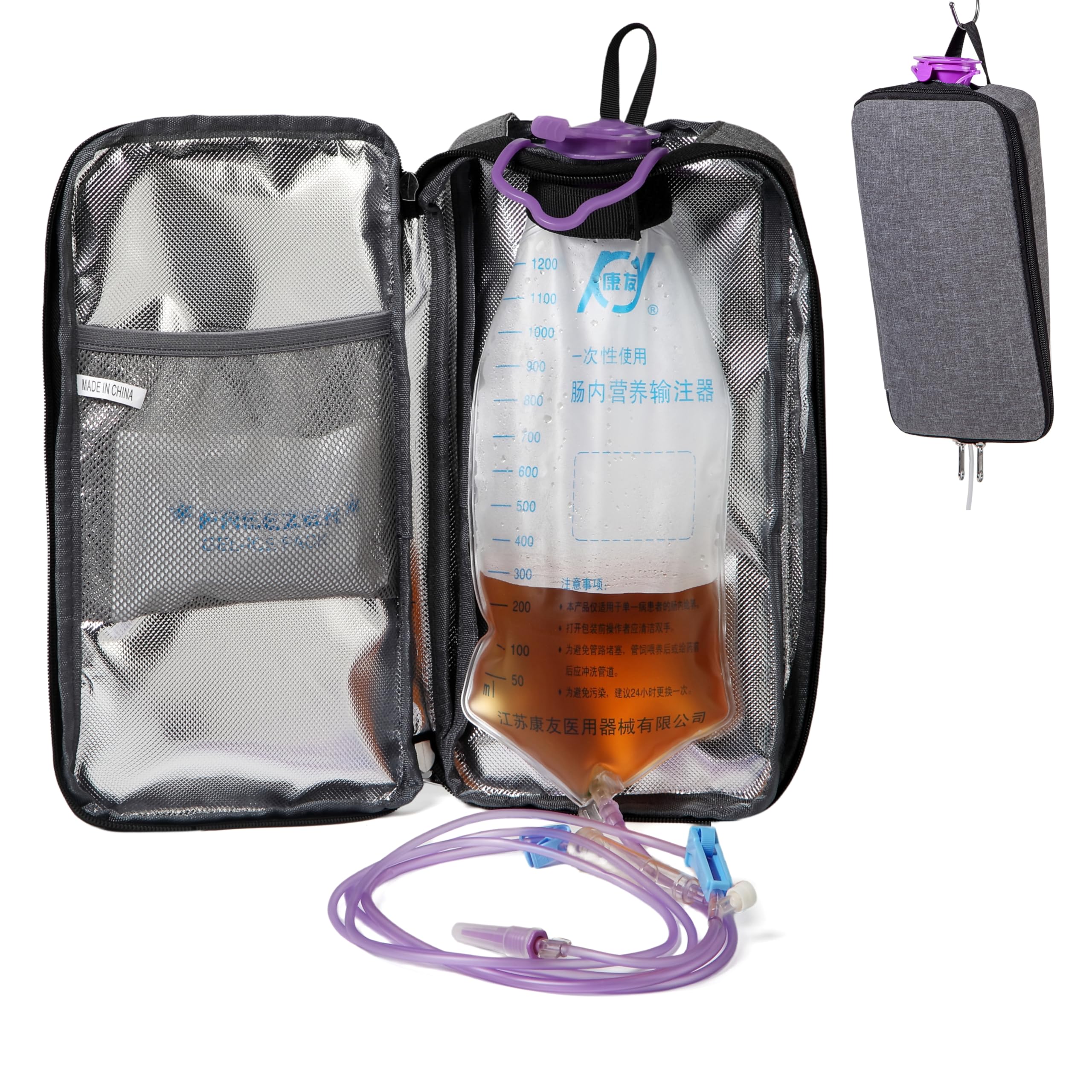 Meesyn insulated cover for enteral bag with ice-pack compartment keeps liquid cool during transport