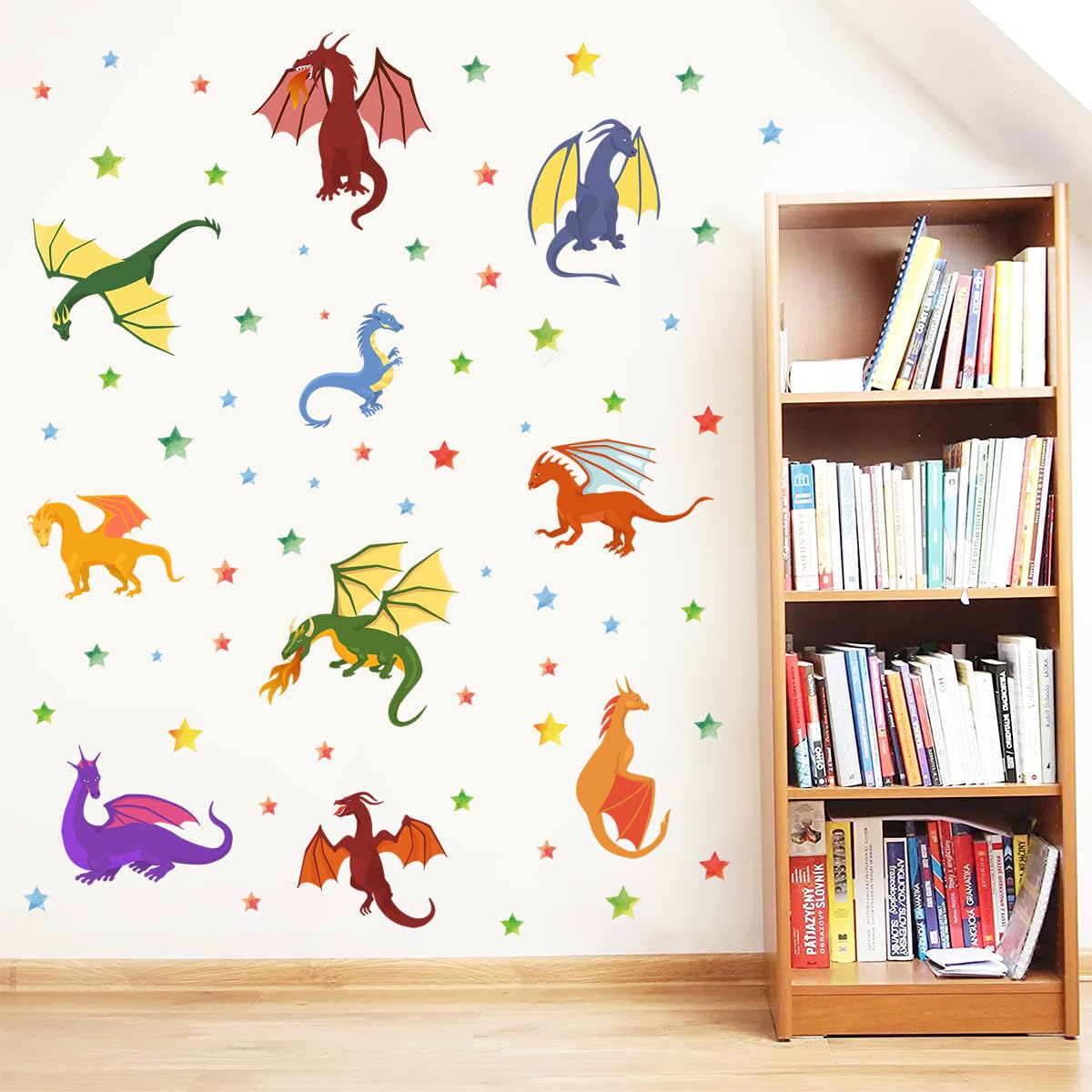 MEFOSS 3D cartoon dragons and stars add playful depth to play areas.