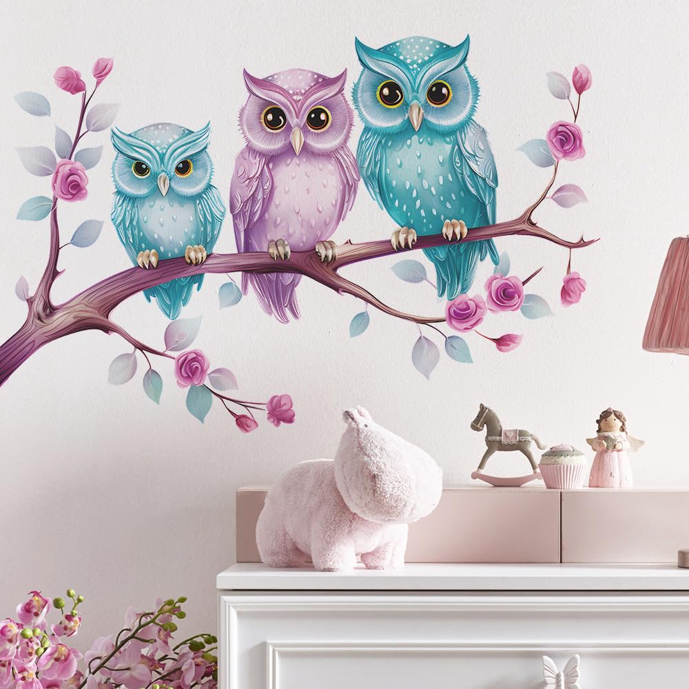 MEFOSS owl wall decal sheet close-up in watercolor style for kids' room decor