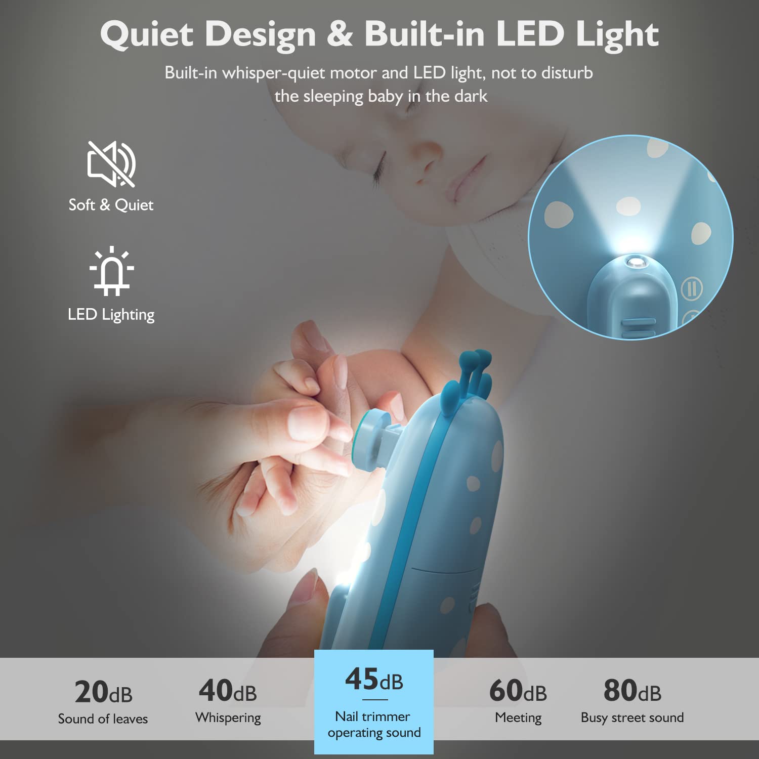 Megainvo baby nail trimmer blue battery compartment shows easy two-speed control.