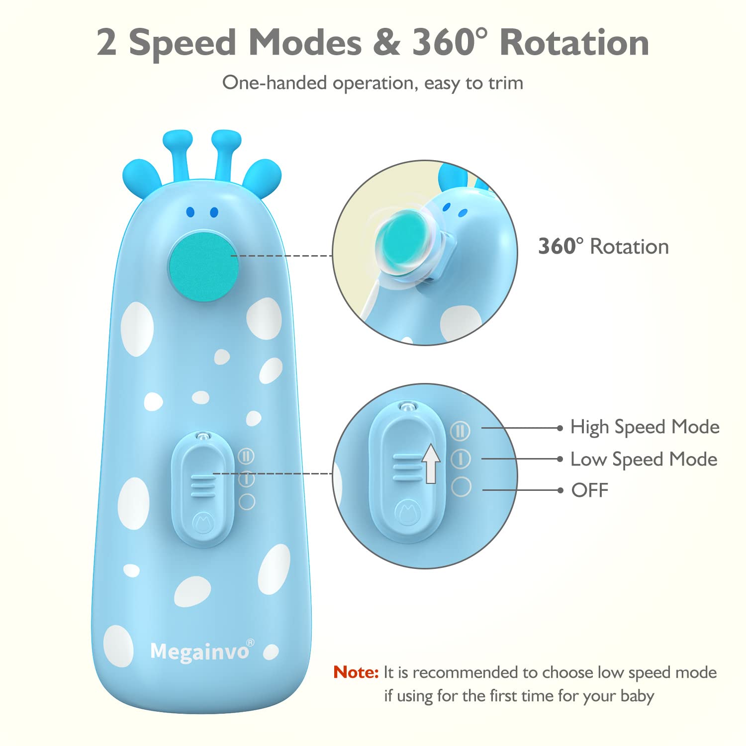 Megainvo baby nail trimmer blue light-on demo emphasizes night-time use.
