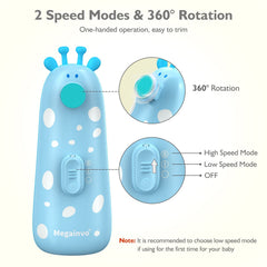 Megainvo baby nail trimmer blue light-on demo emphasizes night-time use.