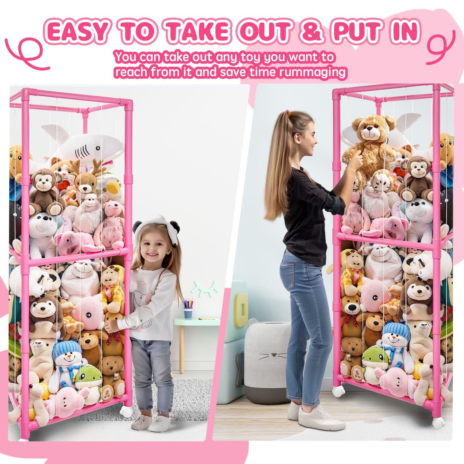 Megapuxin elastic cord storage feature adds reach and expanded capacity for kids plushies