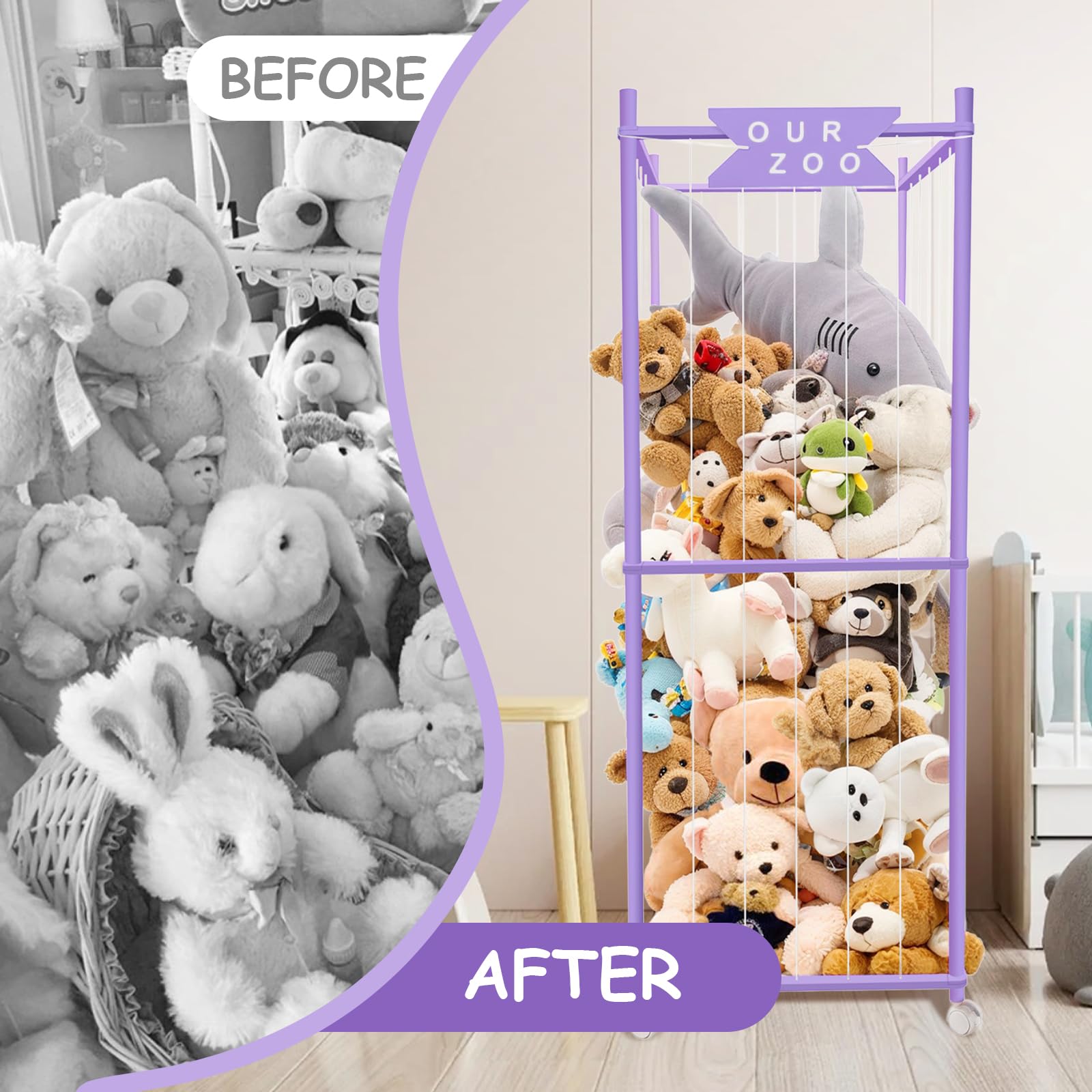 Megapuxin nursery-playroom net and elastic cord keep plushies tidy and reachable.