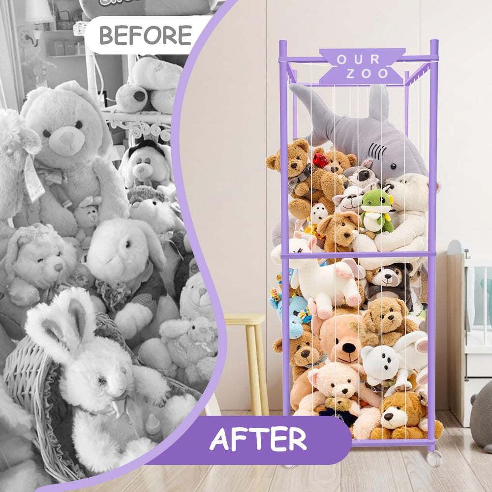 Megapuxin nursery-playroom net and elastic cord keep plushies tidy and reachable.