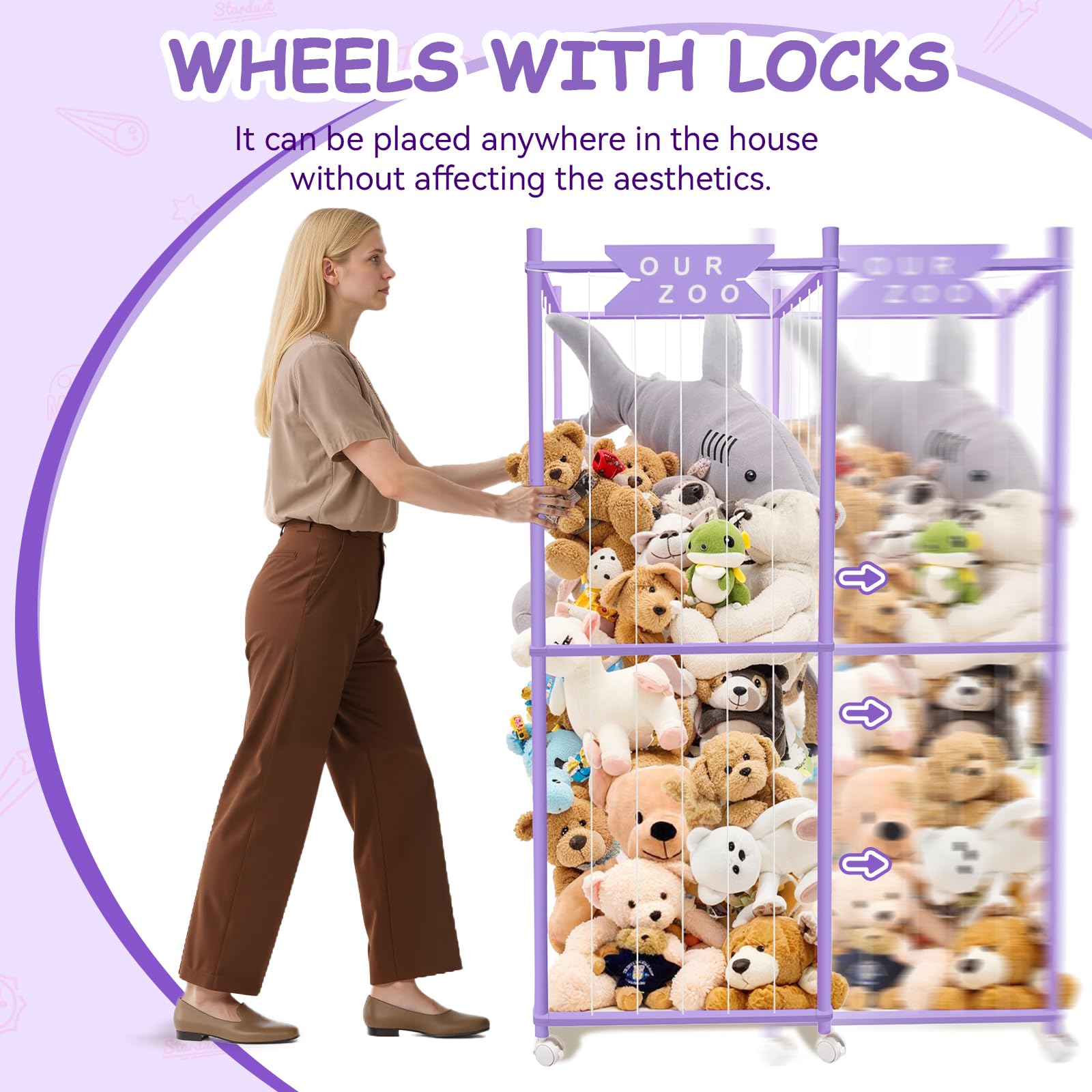 Megapuxin plush storage cage features brake system for stable placement after cleaning.