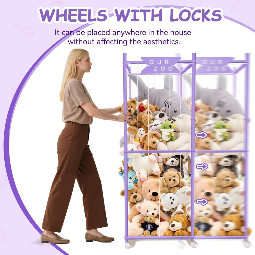 Megapuxin plush storage cage features brake system for stable placement after cleaning.