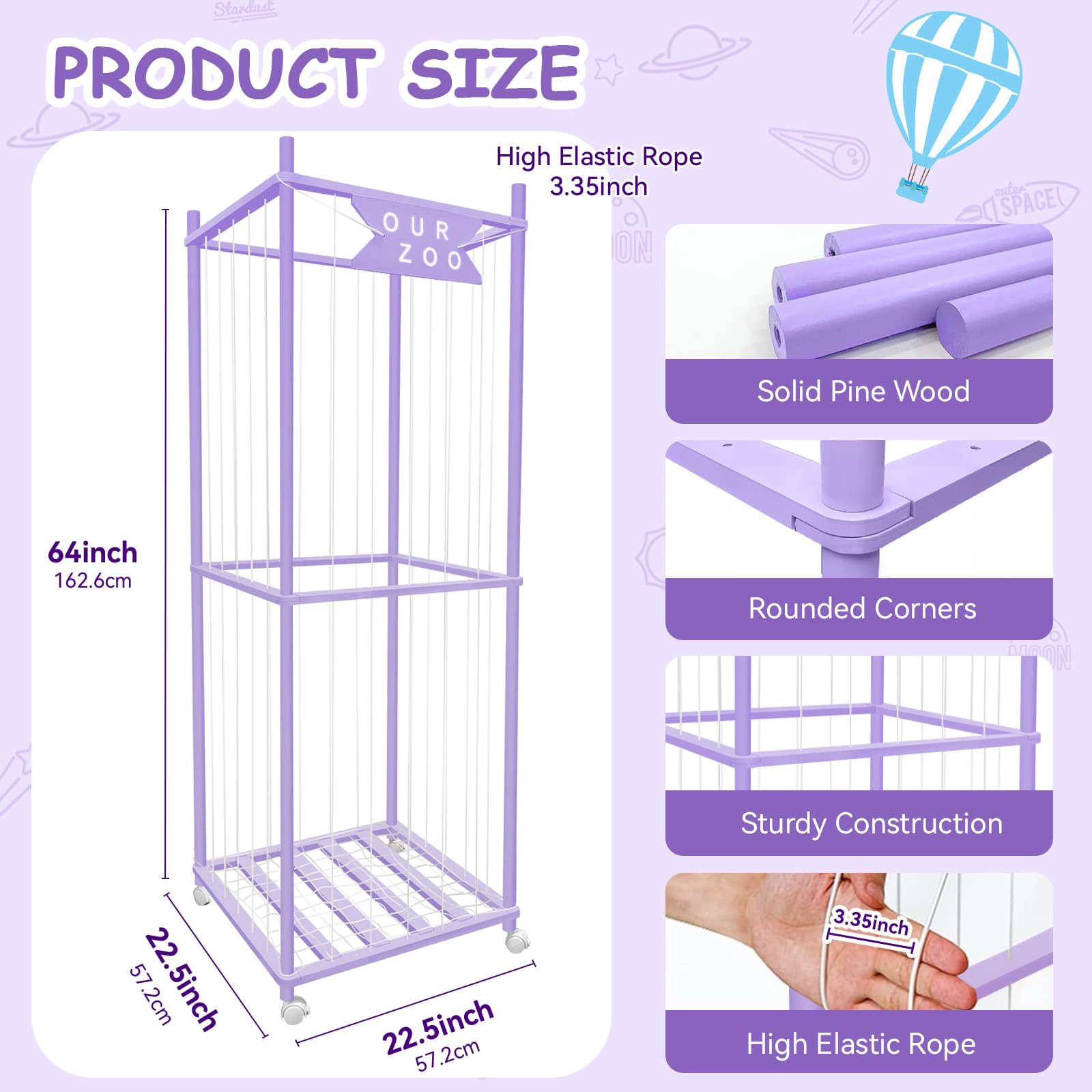 Megapuxin plush toy organizer with wooden frame elastic band aids kid-friendly access.