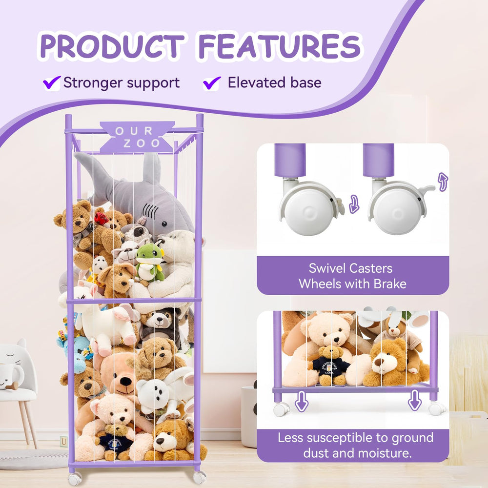 Megapuxin plush toy zoo assembly shows pre-threaded cords for quick setup.