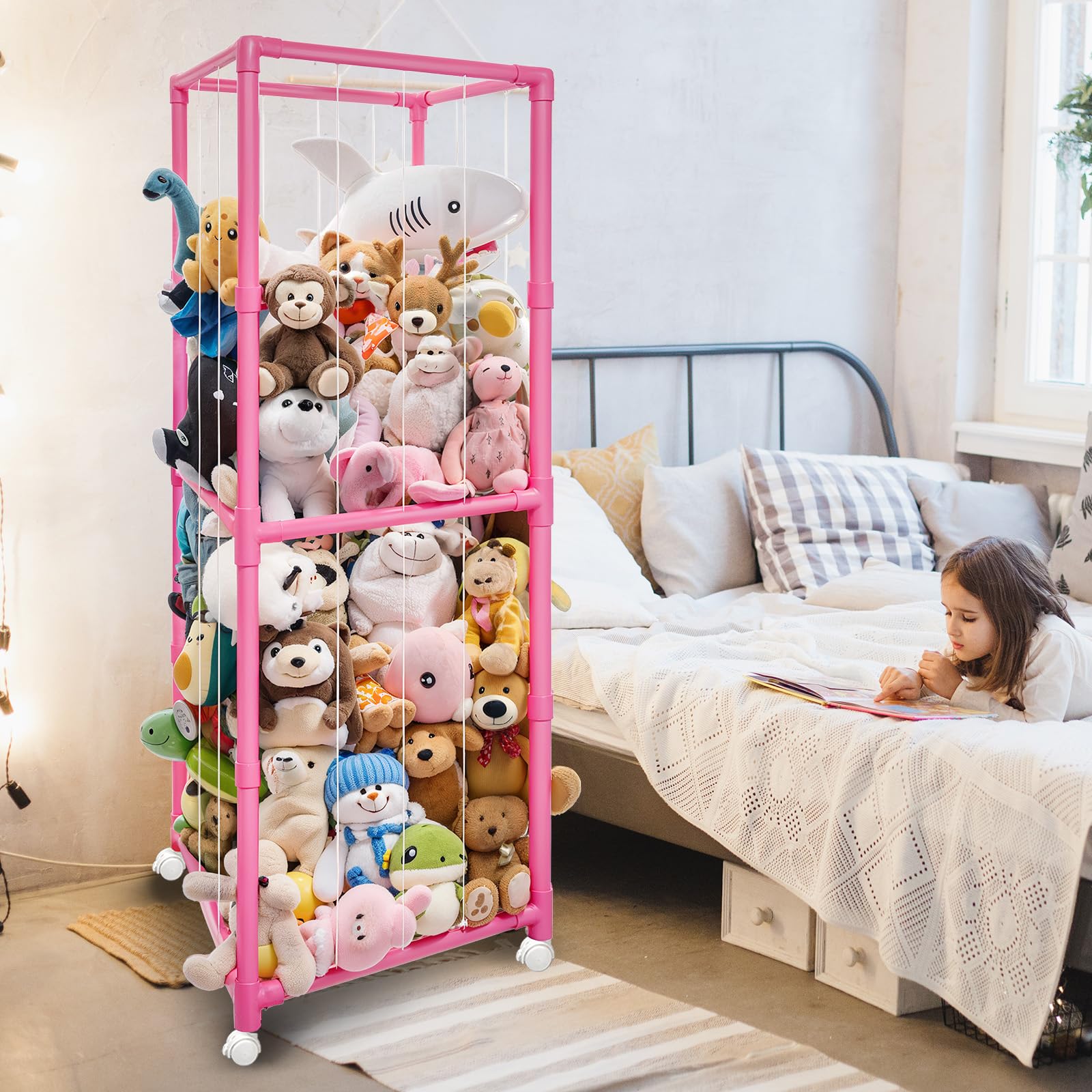 Megapuxin plush display helps children tidy up during playtime without fuss