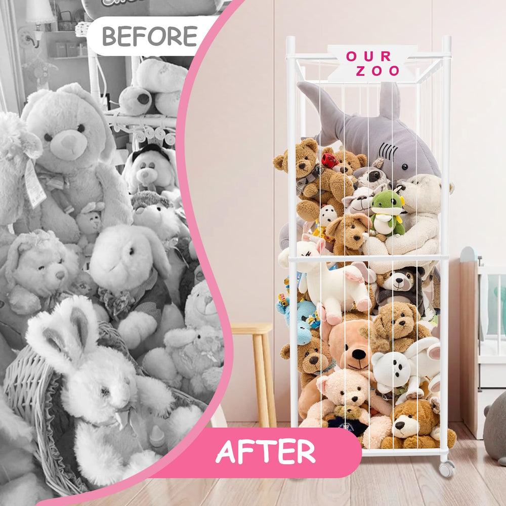 Megapuxin stuffed animal storage zoo easy-assembly with pre-threaded cords
