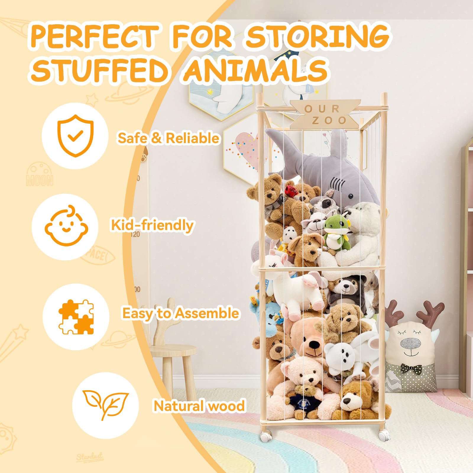 Megapuxin plush toy organization showing ample space for large stuffed animals