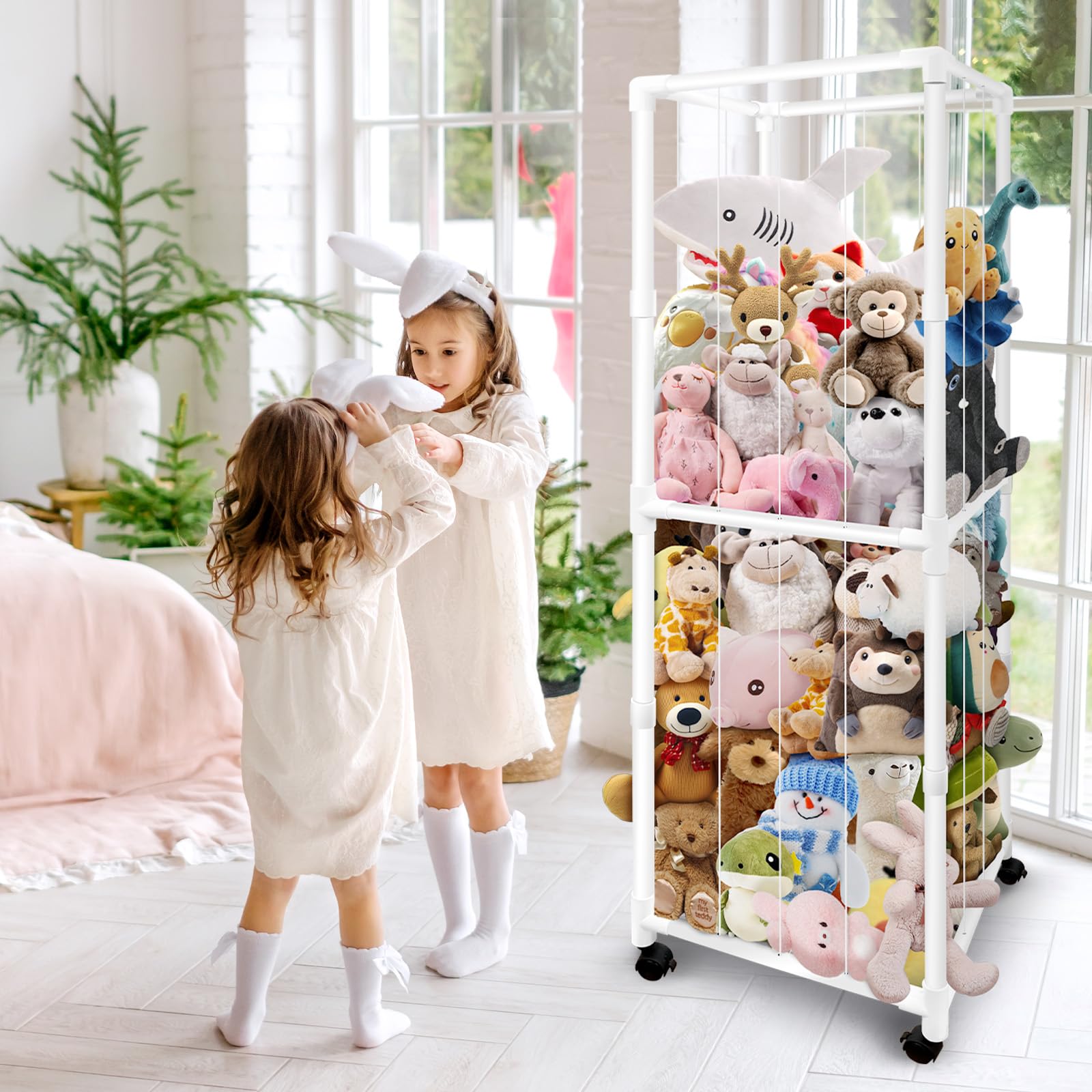 Megapuxin stuffed animal storage zoo wheels assembly with pre-threaded cords