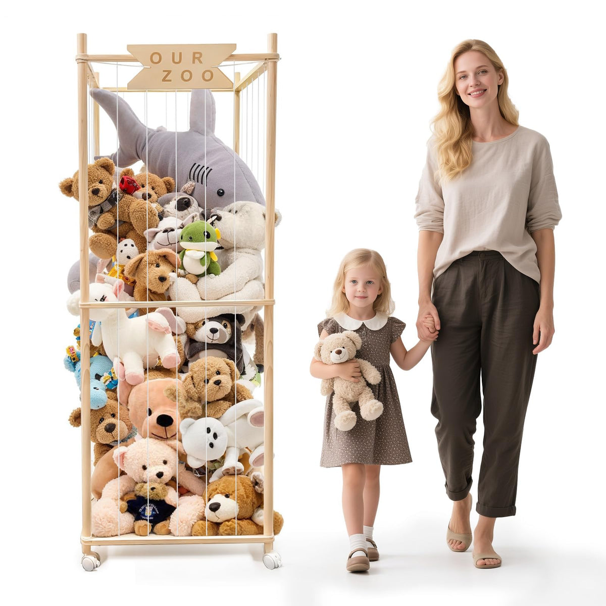 Megapuxin stuffed animal storage zoo front view with easy-access elastic cord for kids