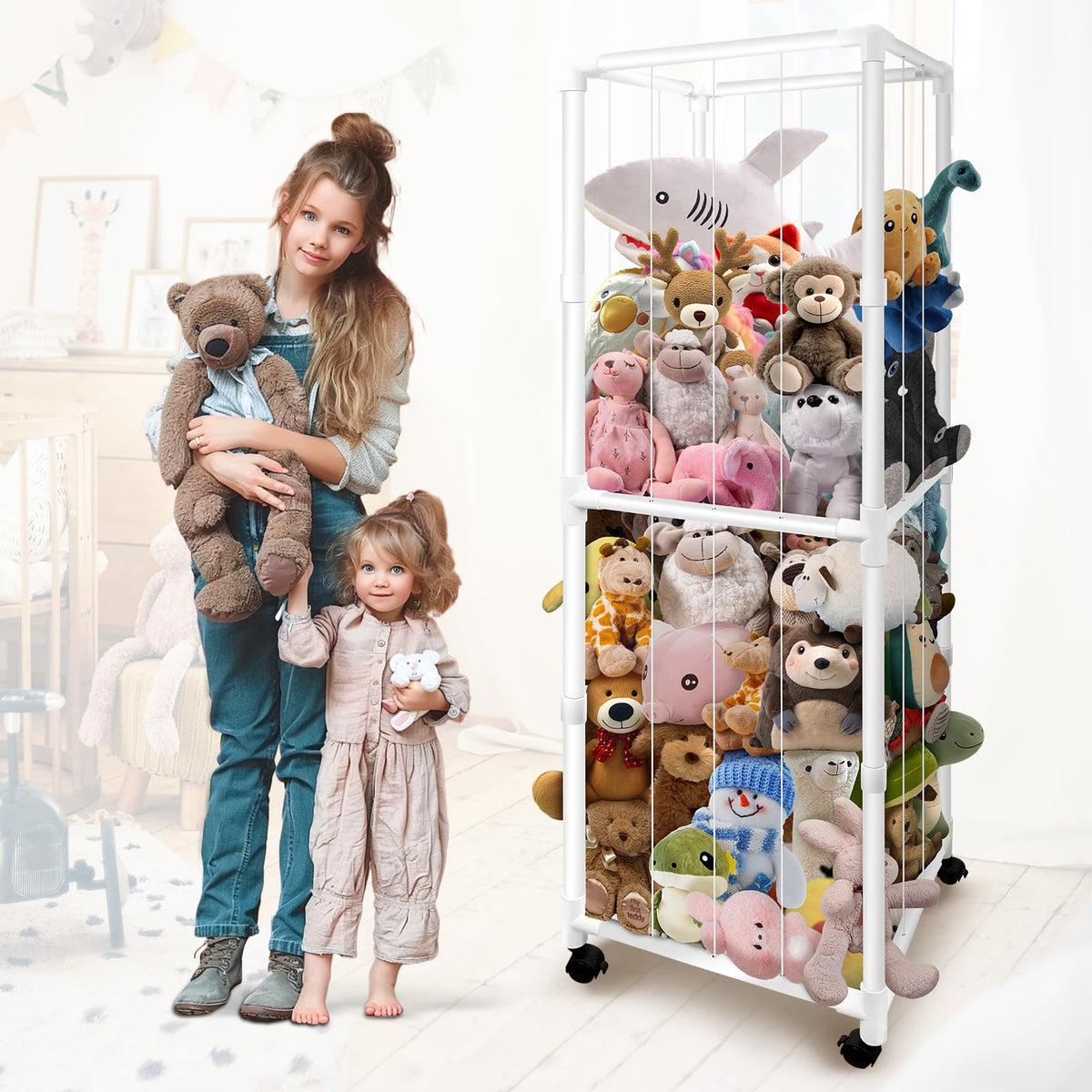 Megapuxin stuffed animal storage zoo wheels front view shows large capacity and accessibility