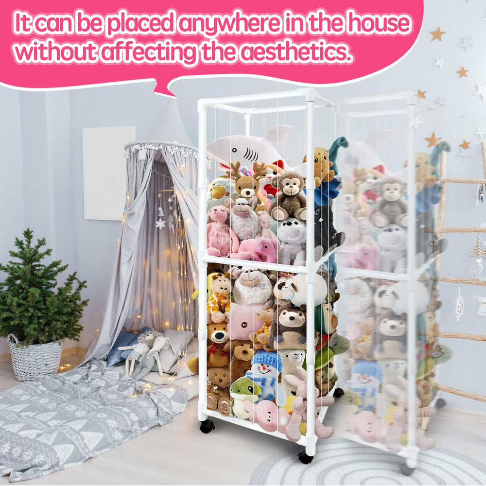 Megapuxin stuffed animal storage zoo wheels shown in a nursery corner