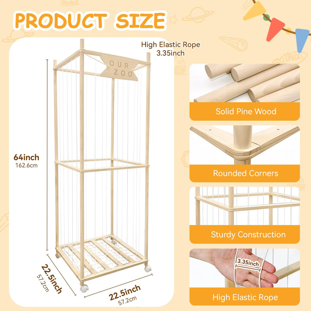 Megapuxin stuffed animal storage zoo side view highlighting sturdy wooden frame for large plushies