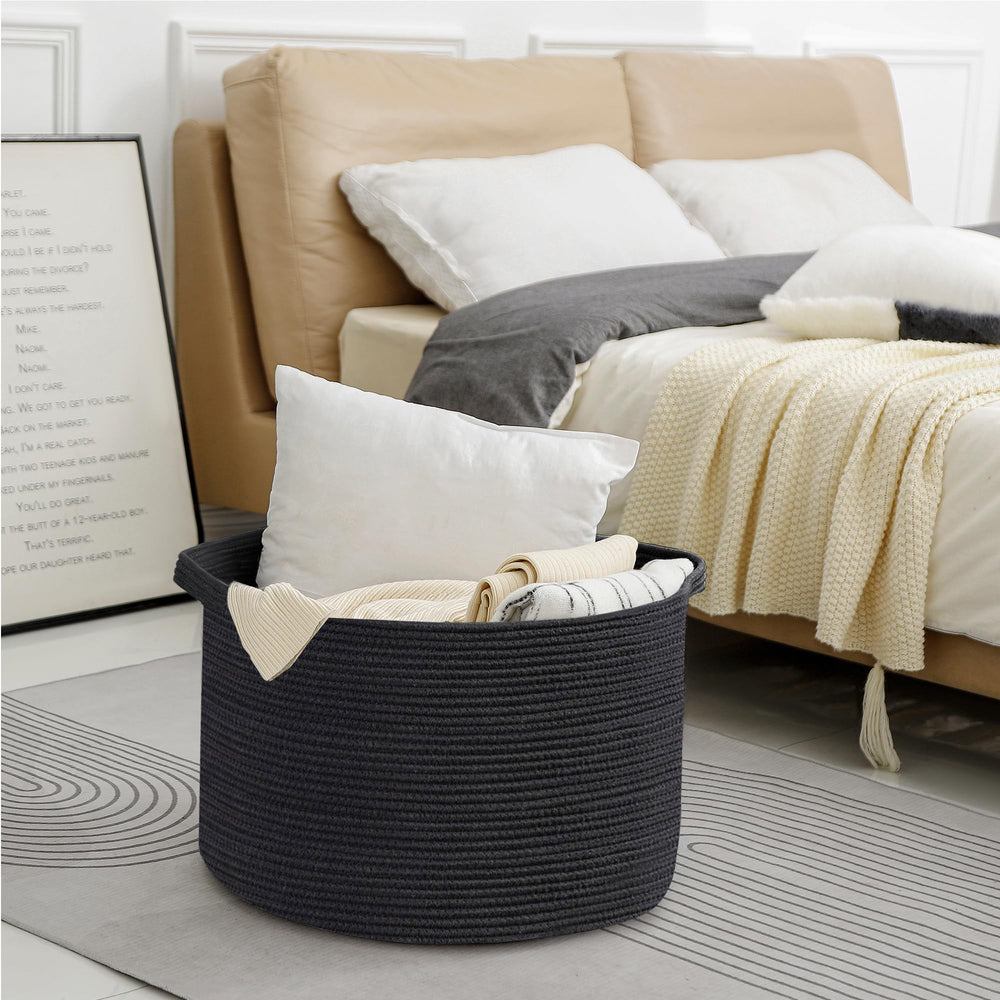 MEGASKET blanket basket highlights two sturdy handles for easy transport.