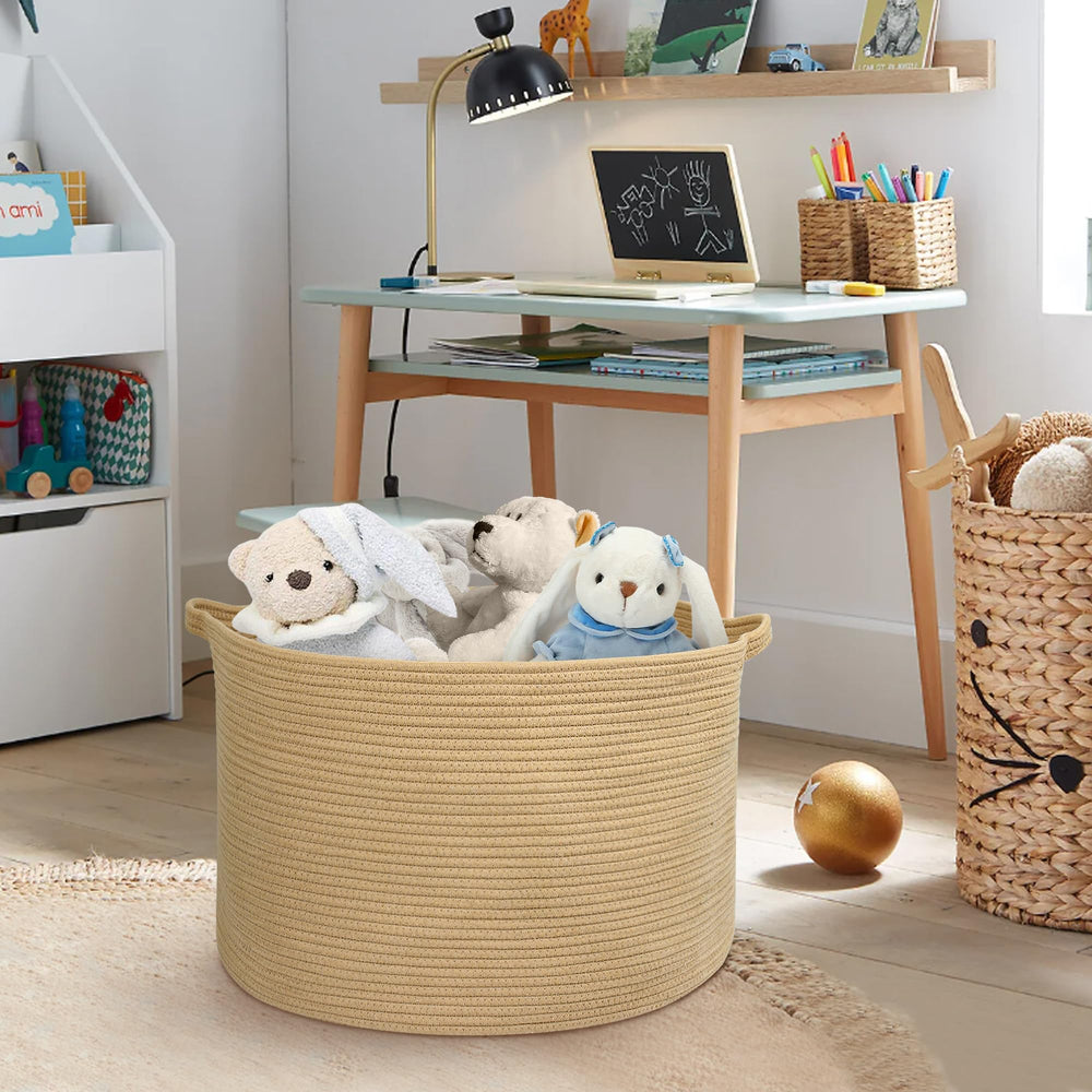 MEGASKET blanket storage bin keeps throws within reach in bedrooms or living spaces