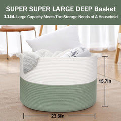 MEGASKET cotton rope bin highlights soft, durable material safe for children.