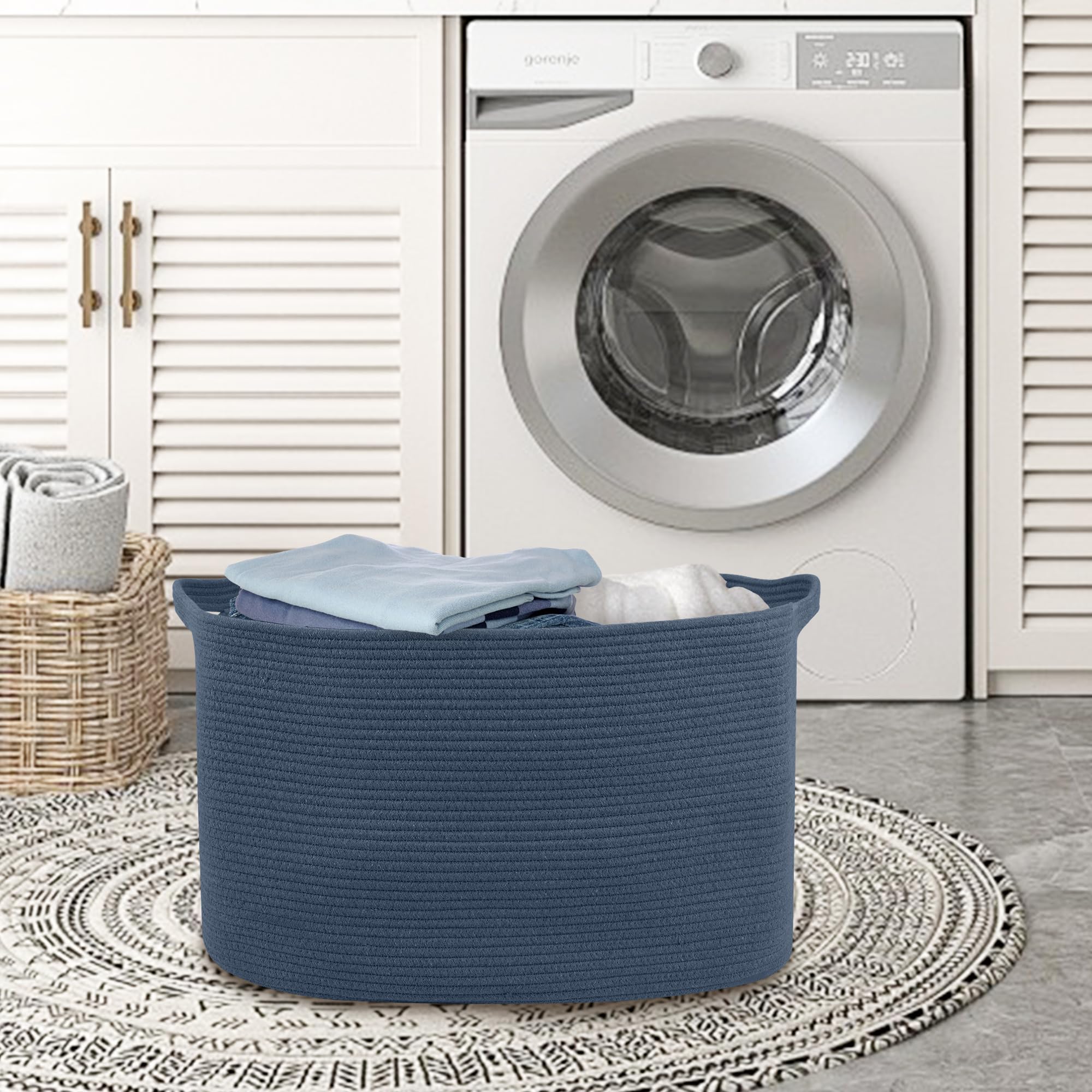 MEGASKET dark blue basket complements modern living room decor.