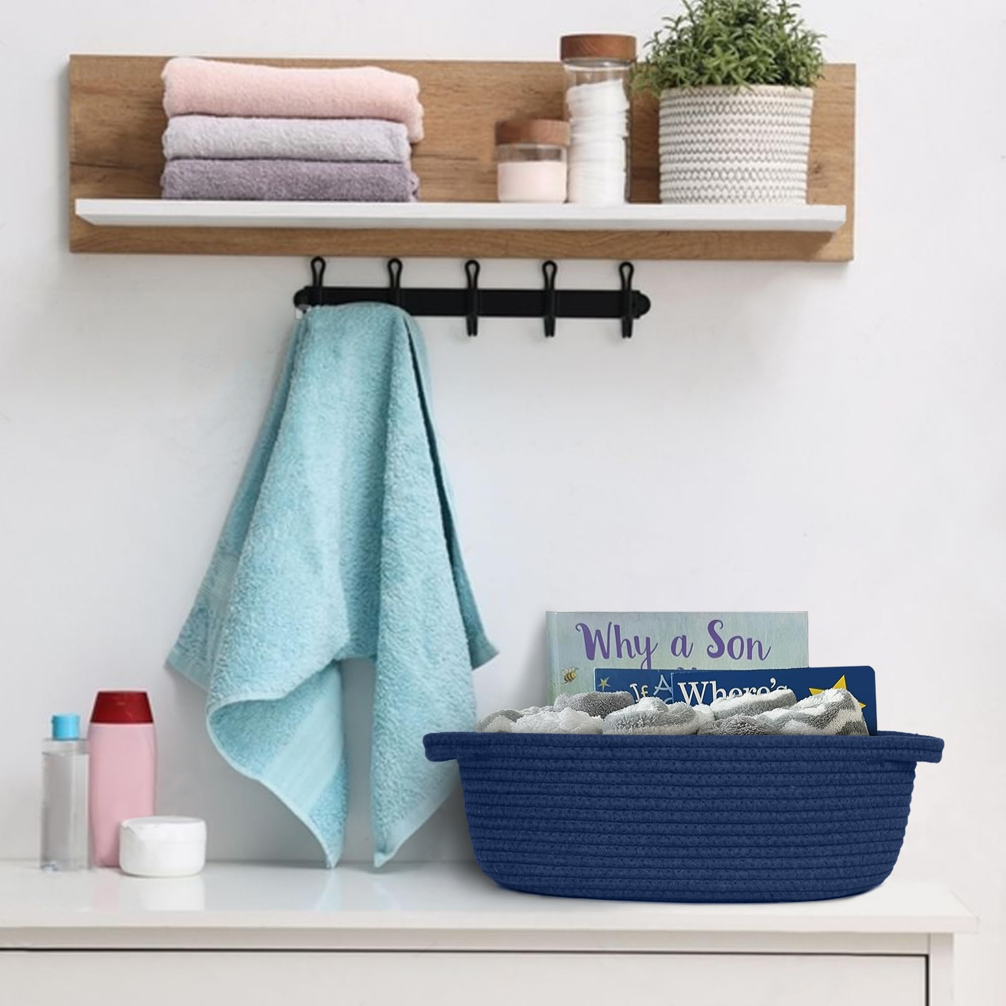 MEGASKET dark blue small woven basket baby blankets nursery storage.