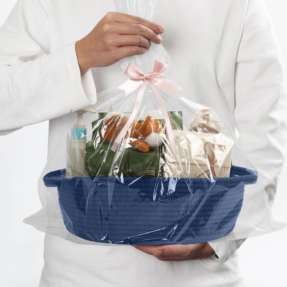 MEGASKET dark blue small woven basket neutral tone fits nursery decor.