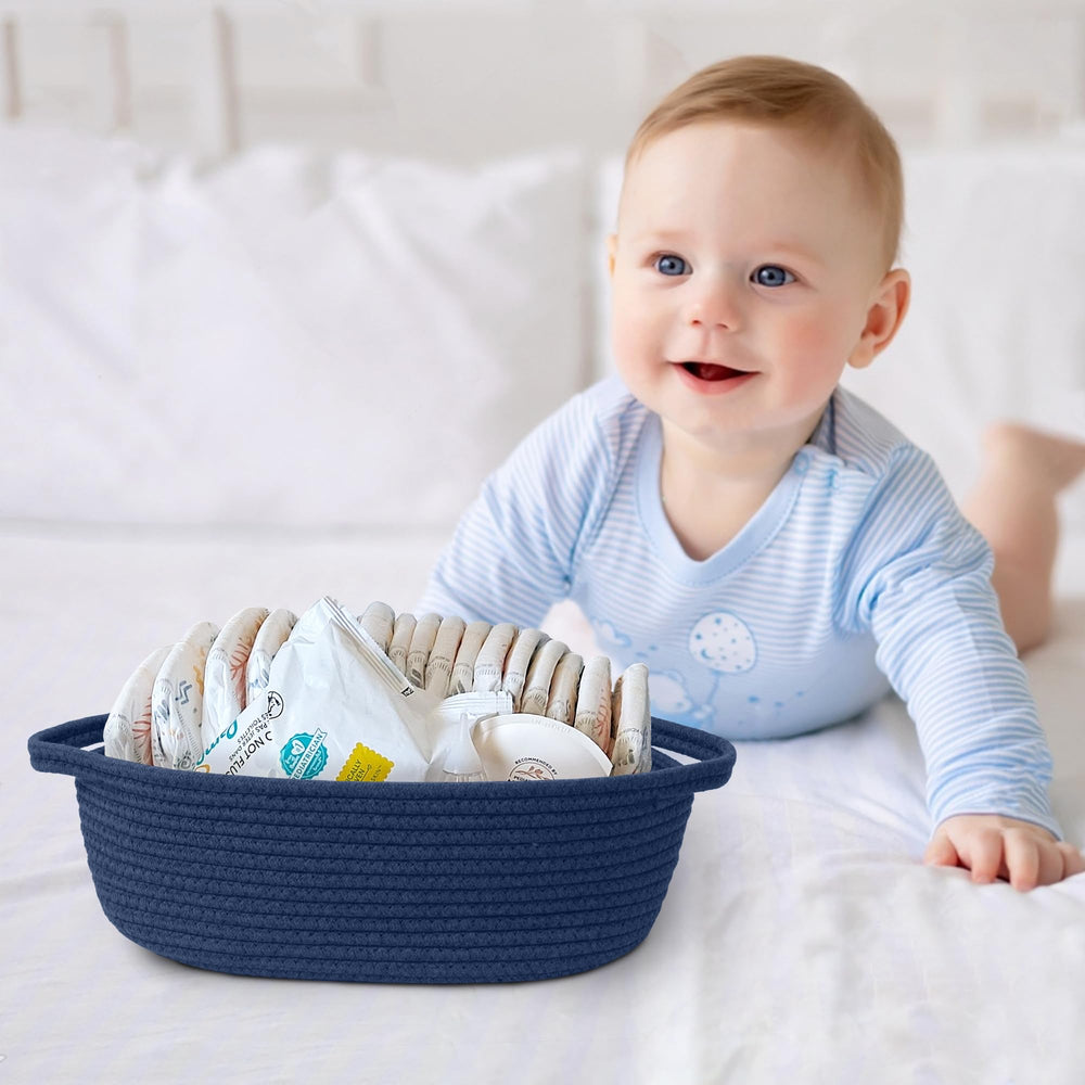 MEGASKET dark blue small woven basket with integrated handles easy transport.