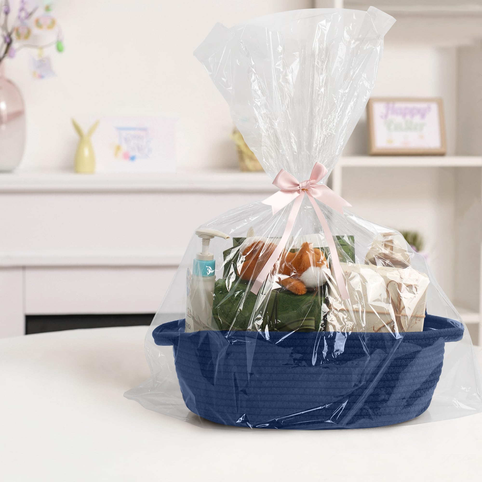 MEGASKET dark blue small woven basket with toys—pet and kid friendly storage.