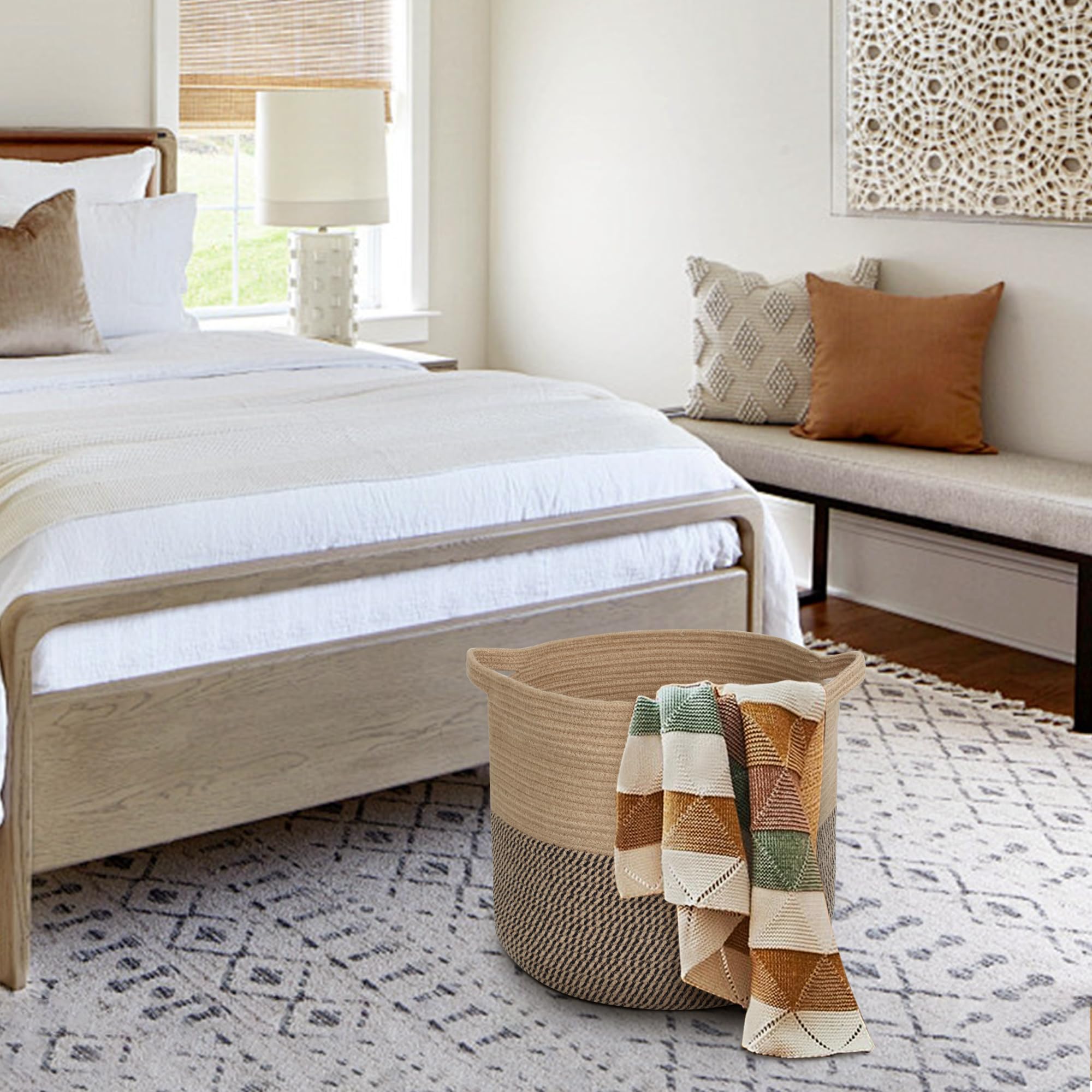MEGASKET decorative wicker basket enhances entryway with towels and small essentials.