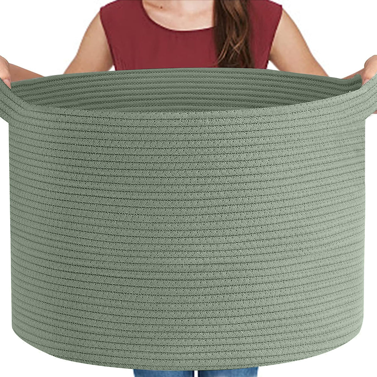 MEGASKET extra-large green basket closeup shows soft cotton rope and sturdy construction for blanket storage.