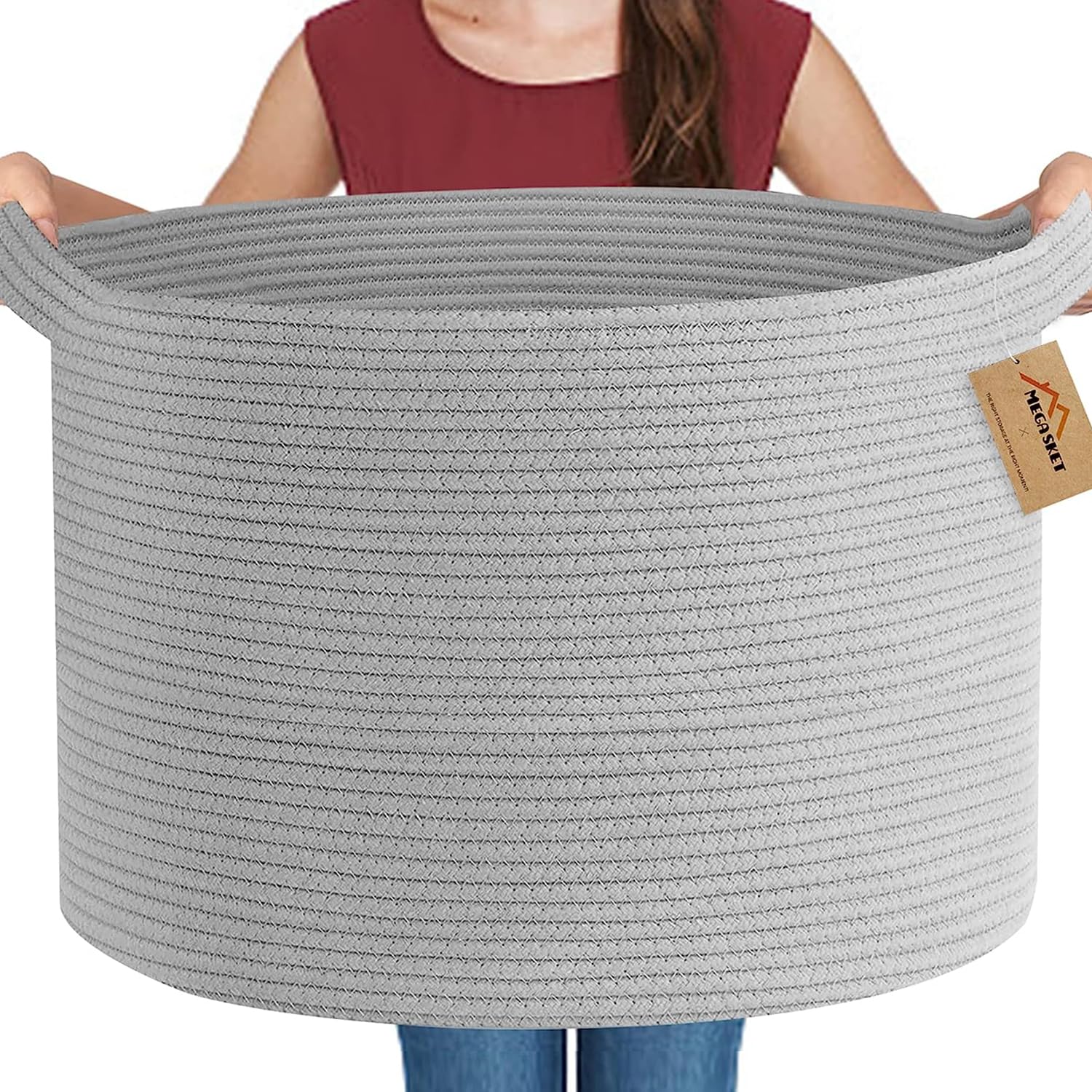 MEGASKET extra-large grey storage basket holds blankets and pillows for easy living-room storage