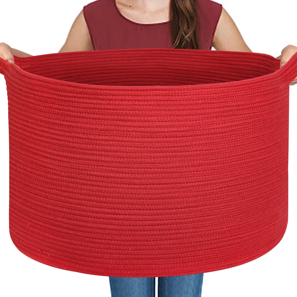 MEGASKET extra-large red basket in a living room for easy blanket storage
