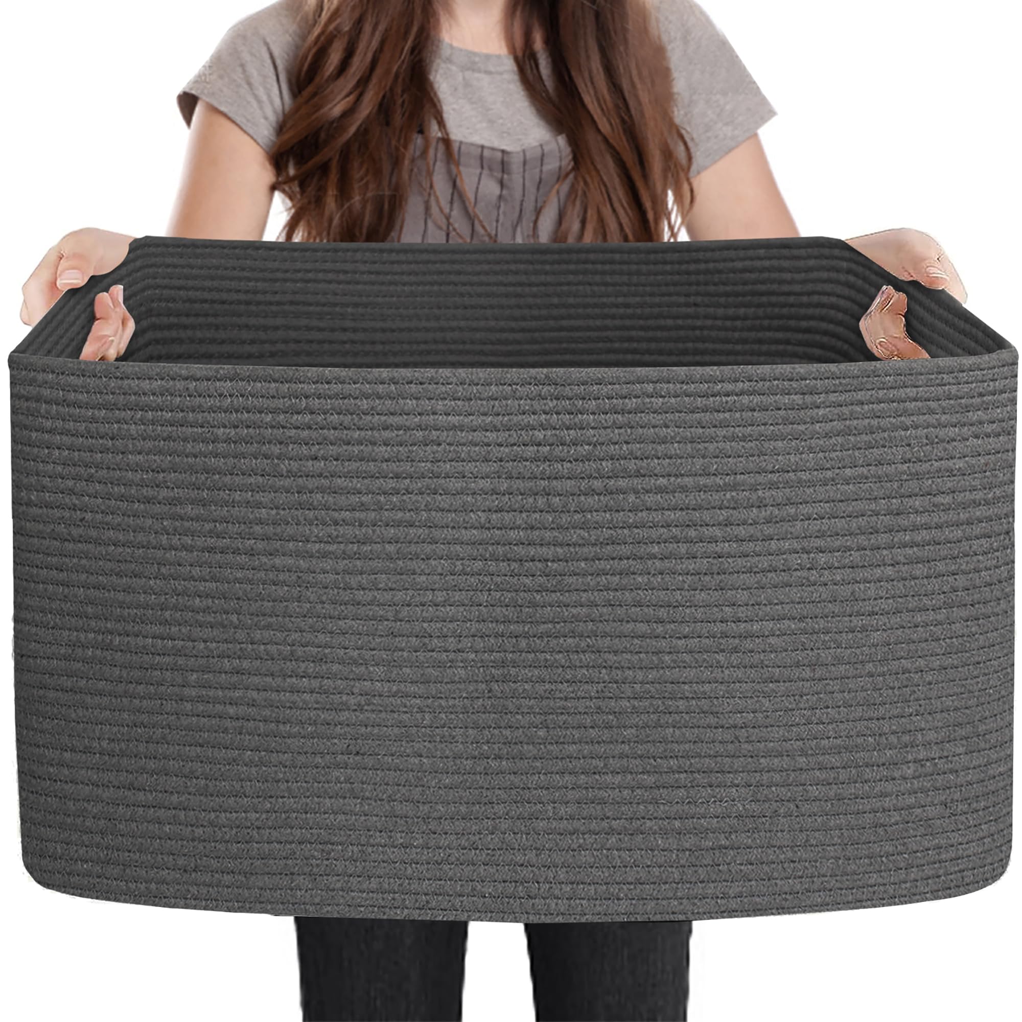 MEGASKET extra large rope basket front view shows rectangular storage for laundry and blankets