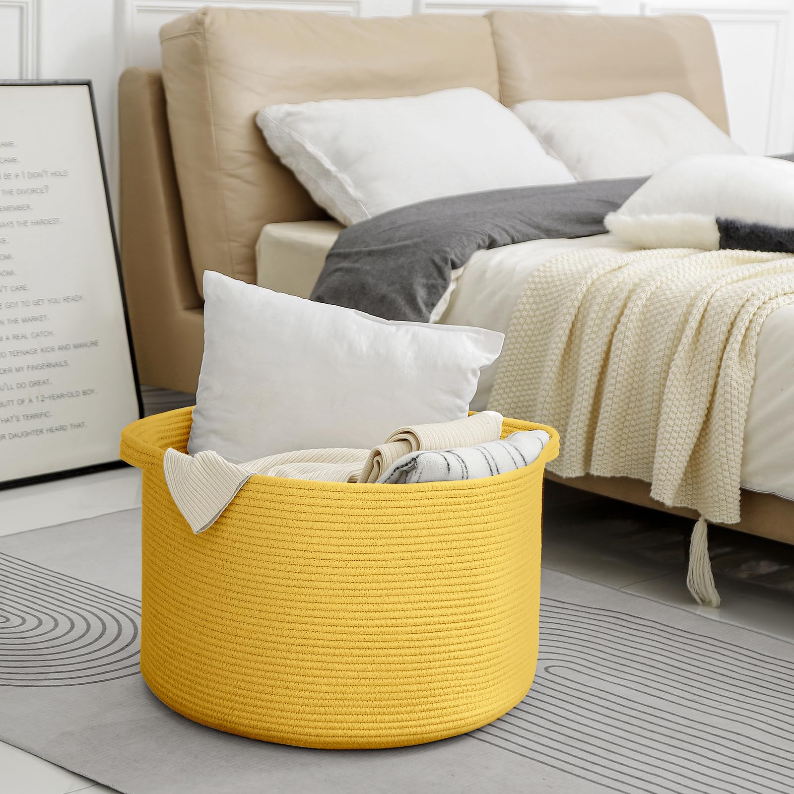 MEGASKET extra large yellow basket filled with blankets and pillows