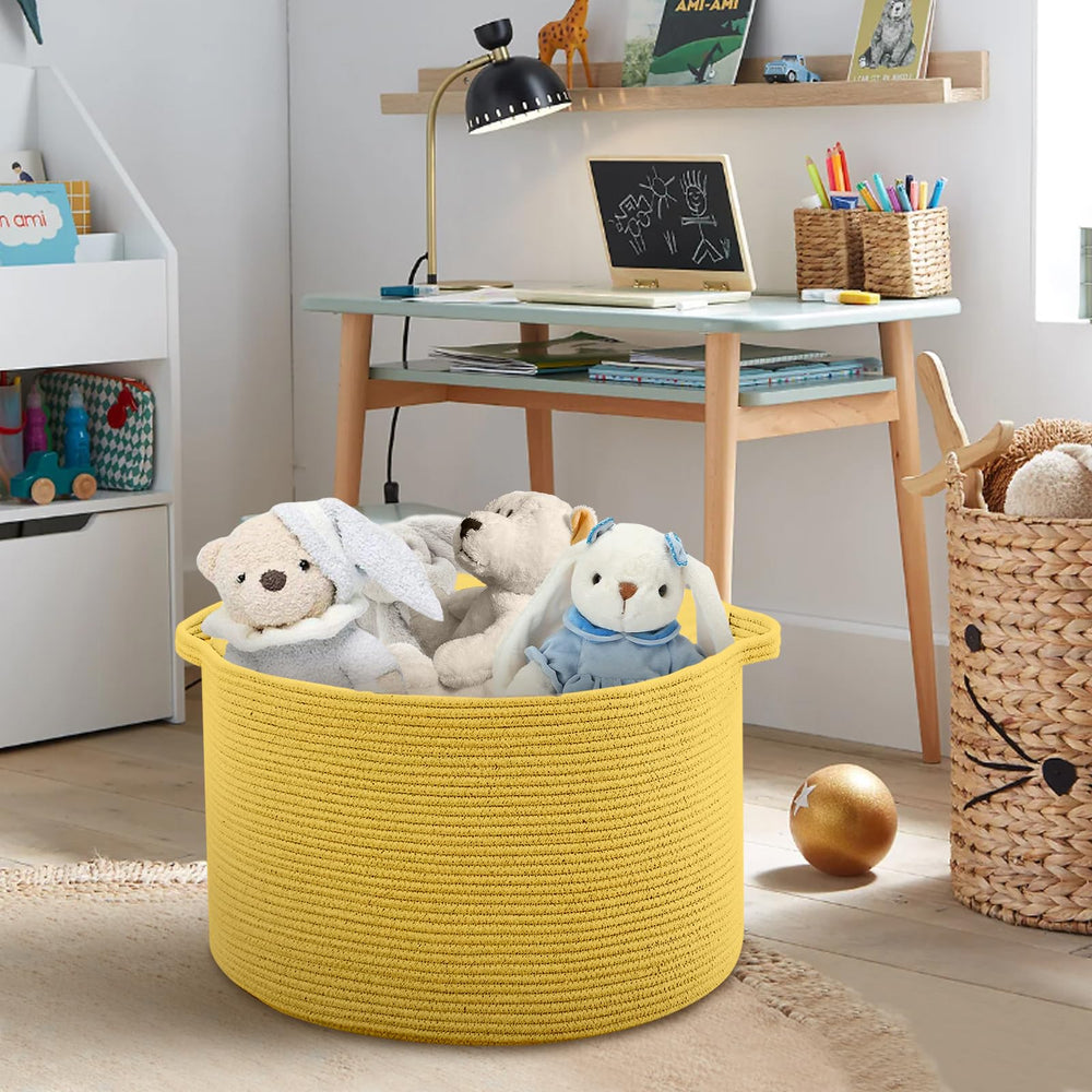 MEGASKET yellow basket in nursery holding toys for easy reach