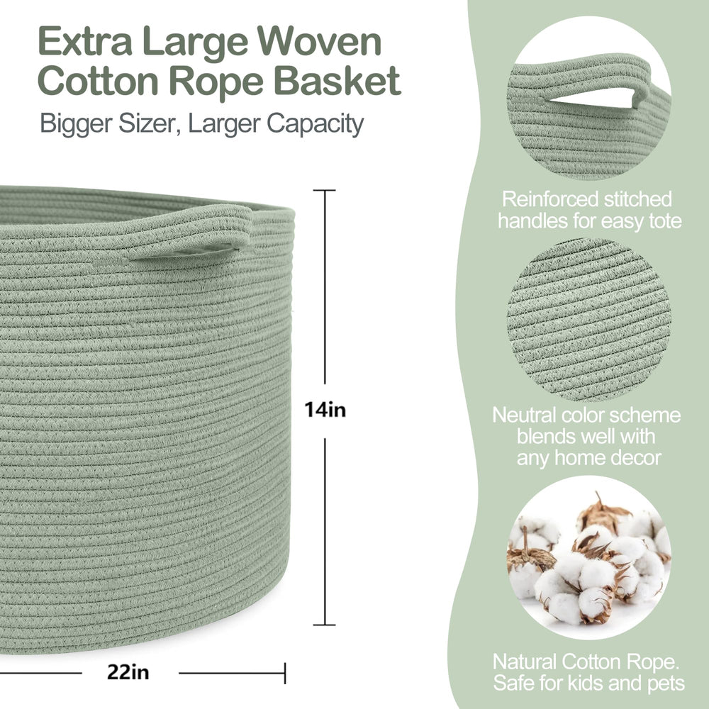 MEGASKET green cotton rope basket texture photo highlights cozy, safe storage for kids toys.